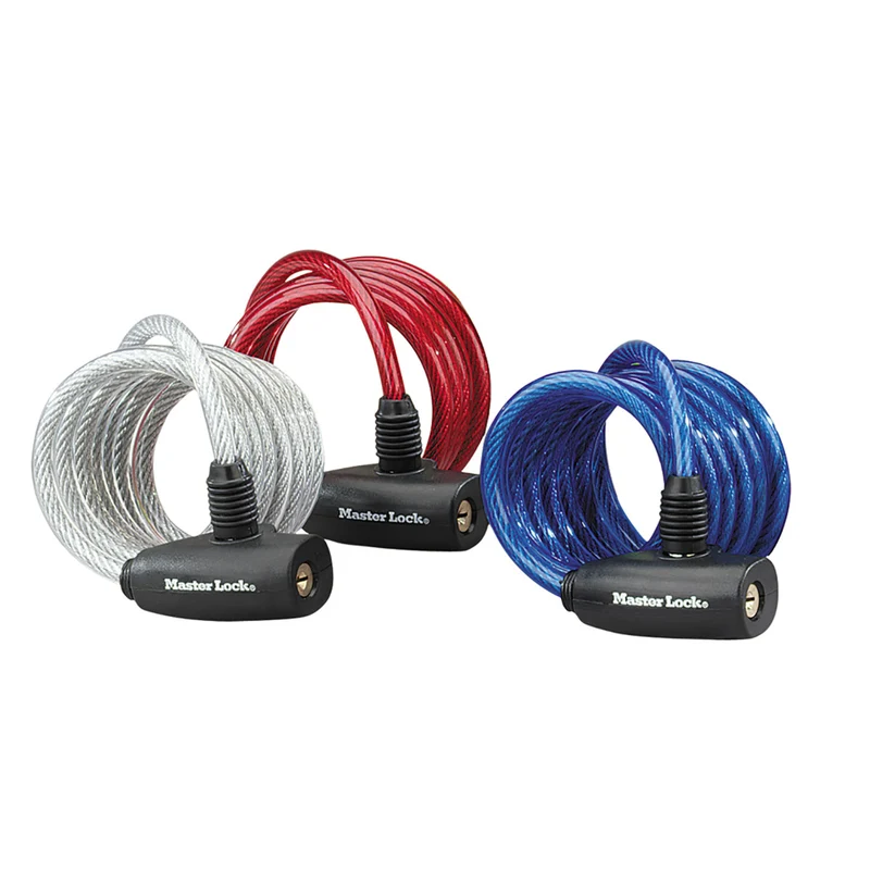 1,8m long x 8mm diameter keyed cable lock; assorted colours; 3 pack