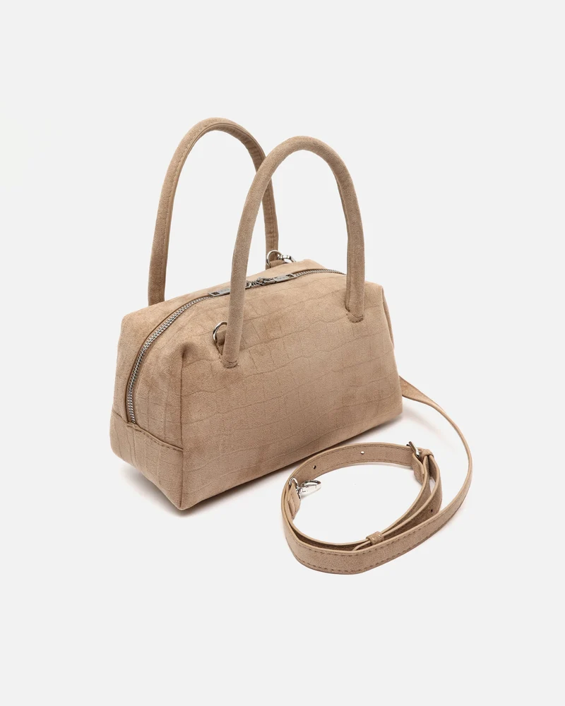 Croquito bolso de mano efecto ante con grabado animal print y asa bandolera extraíble