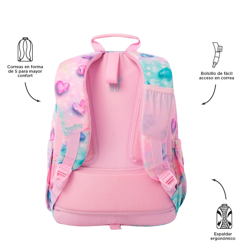 TOTTO Mochila escolar adaptable a carro Shiny Heart 1KB- Acuareles