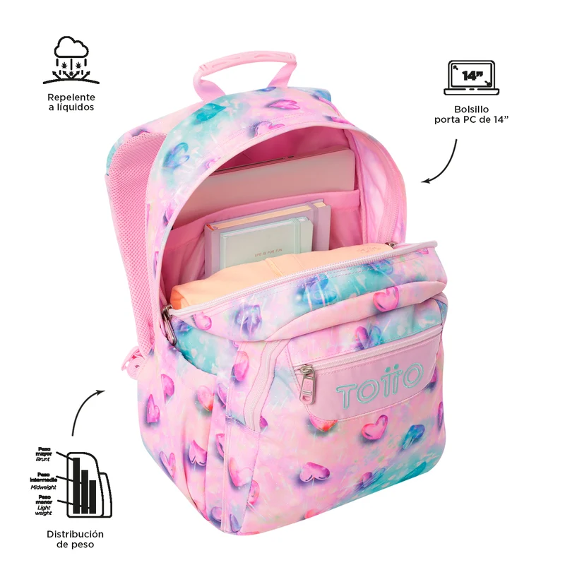 TOTTO Mochila escolar adaptable a carro Shiny Heart 1KB- Acuareles