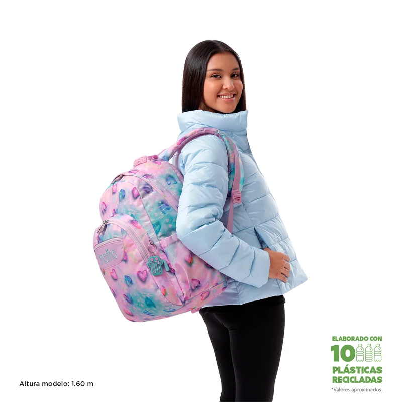 TOTTO Mochila escolar adaptable a carro Shiny Heart 1KB- Acuareles
