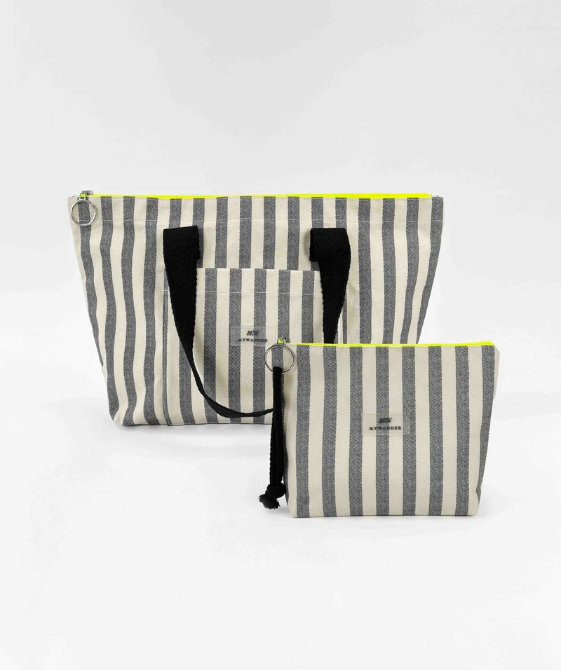 pack grey stripes bolso shopper + neceser