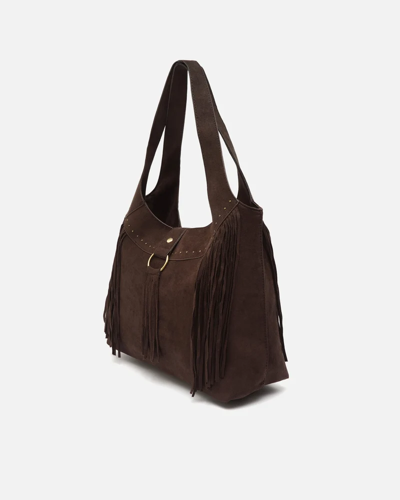 Seysino bolso de hombro grande efecto ante con flecos y detalles metálicos