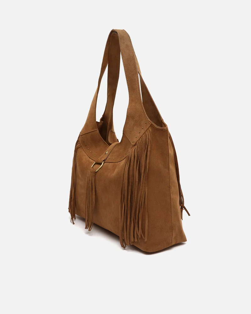 Seysino bolso de hombro grande efecto ante con flecos y detalles metálicos