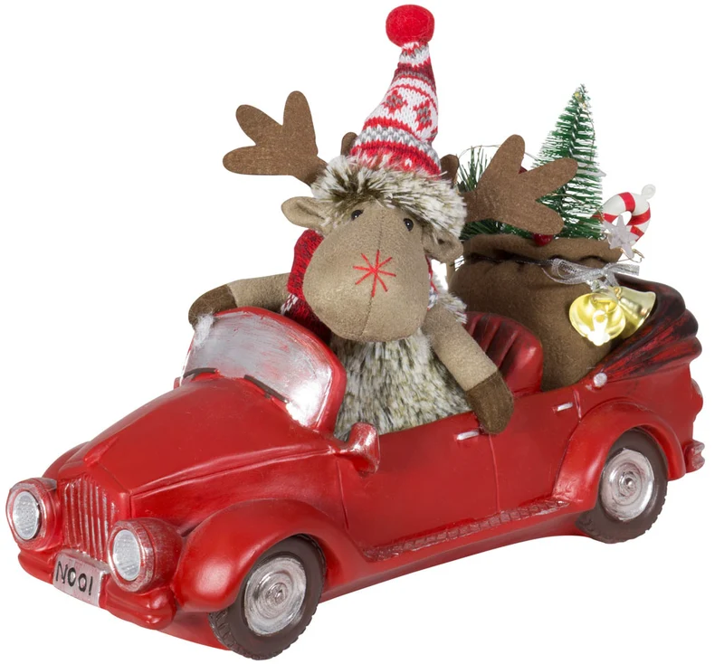 Elch im Auto mit LED Licht 32cm / VE-6